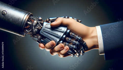 Two people shake hands with a robotic hand, showing a combination of human interaction with technology. Cooperation between human and artificial intelligence