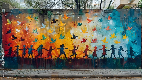 A vibrant mural painted on an urban wall depicting children from various backgrounds playing and dancing together, surrounded by doves and olive branches