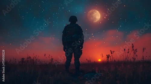 A solitary soldier standing watch under a vast, starlit sky, silhouette against the moonlight, reflecting on the quiet solitude of his duty photo