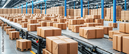 Cardboard boxes on conveyor belts and rows of boxes in a distribution warehouse