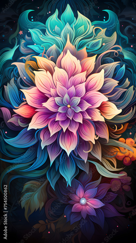 An intricate mandala design with intricate patterns and vibrant colors, a visually appealing and calming wallpaper for mobile devices Generative AI An intricate mandala design with intricate patterns and vibrant colors, a visually appealing and calming wallpaper for mobile devices Generative AI