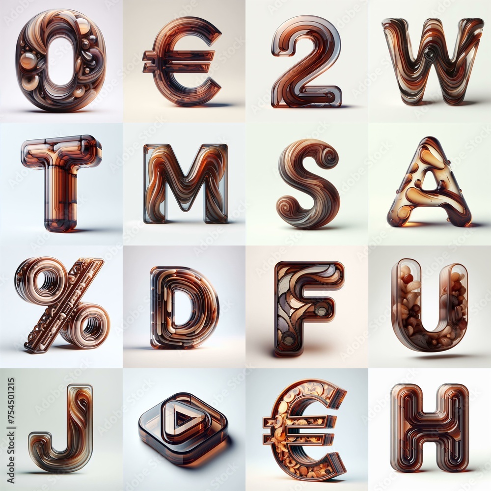 Naklejka premium Brown glass 3D Lettering Typeface. AI generated illustration