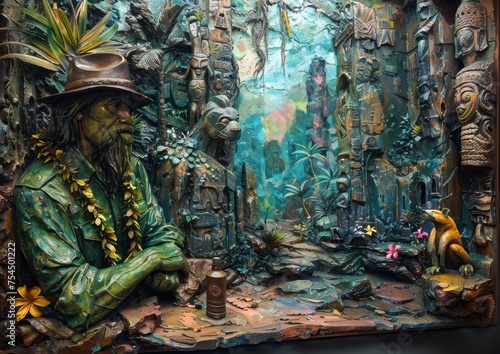 Intricate 3D Jungle Scene with Tiki Statues and Foliage, Suitable for Adventure Game Graphics and Thematic Tropical Decor