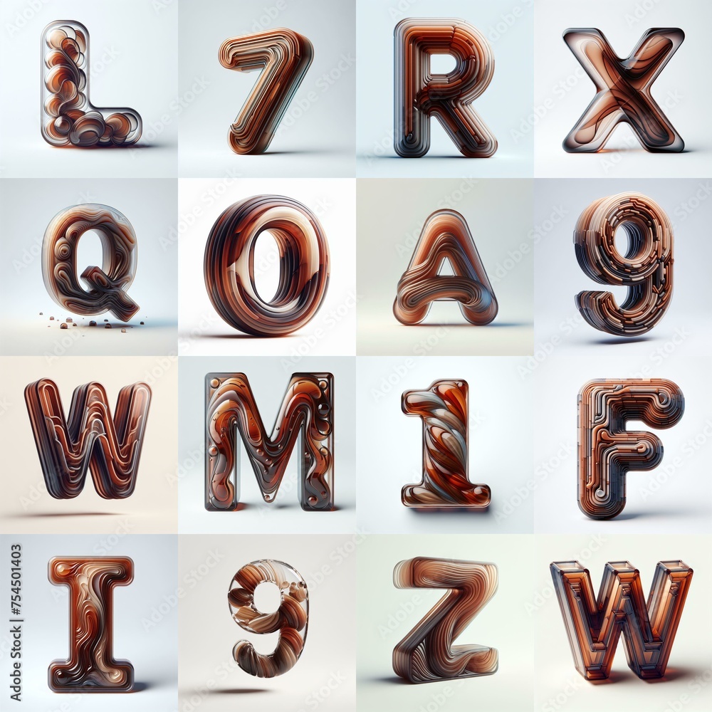 Naklejka premium Brown glass 3D Lettering Typeface. AI generated illustration