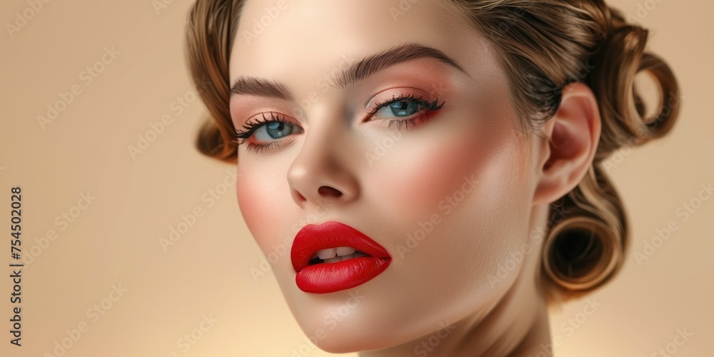 Fototapeta premium Elegant Hairstyle Close-Up: Beauty Portrait with red lips
