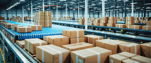 Cardboard boxes on conveyor belts and rows of boxes in a distribution warehouse