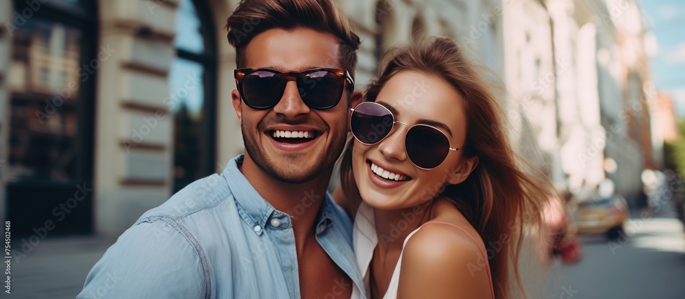 A smiling beautiful girl in a casual summer dress and her handsome boyfriend in jeans clothes are posing for a picture on the street. The happy, cheerful couple is having fun wearing sunglasses.