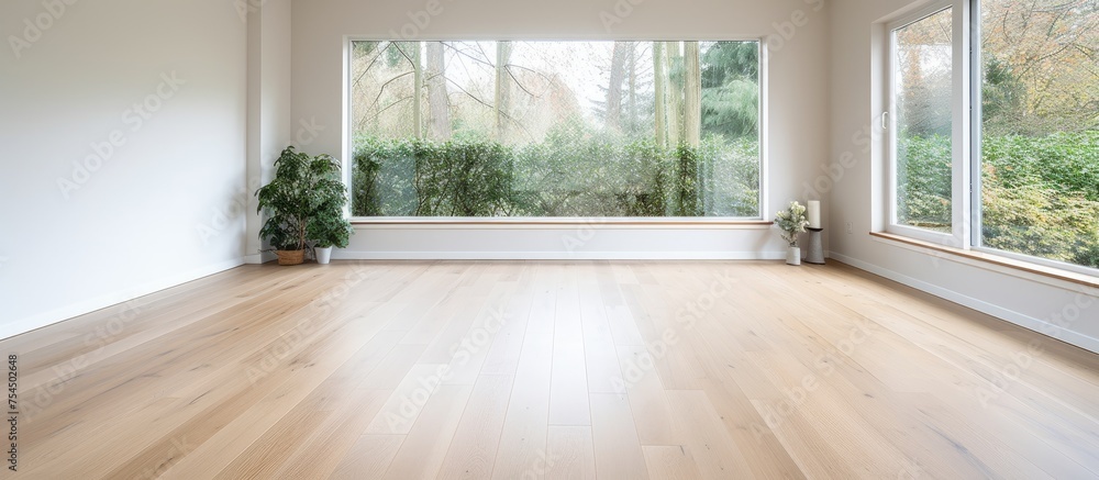 Fototapeta premium An empty and spacious living room featuring a large window that lets in ample natural light. The room has white walls and a sleek hardwood floor. In the corner,