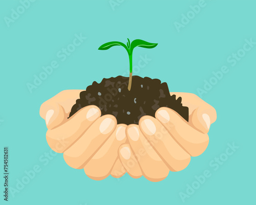 Green plant with soil in hands. Environment protection concept. Palms holding sprout. Vector cartoon illustration.