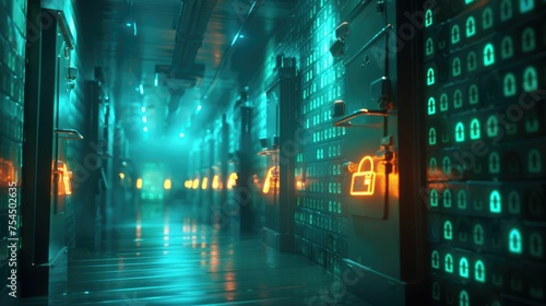A futuristic server room with glowing padlock symbols, representing strong digital security and cyber protection measures in a data center. 