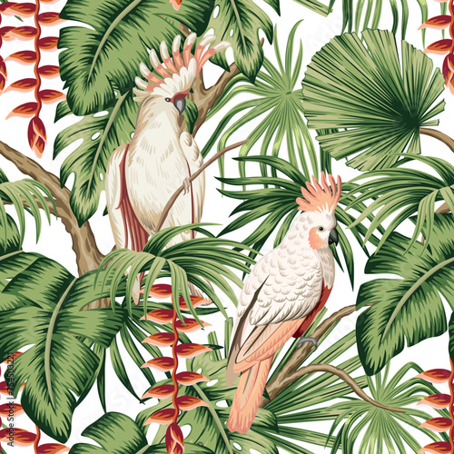 Tropical vintage palm leaves, pink cockatoo parrot, exotic flower seamless pattern white background. Exotic jungle floral wallpaper.