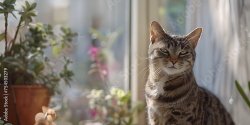 Gato satisfeito aproveitando a luz suave e aconchegante de uma janela com efeito bokeh ao fundo photo