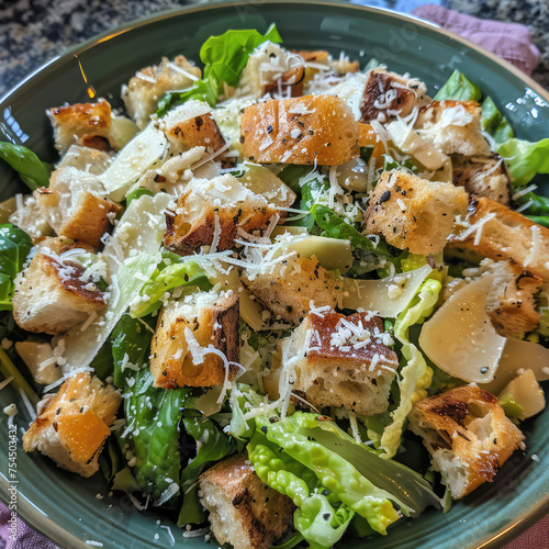A bowl of Caesar salad with chicken and vegetables. Concept of healthy food, eating.