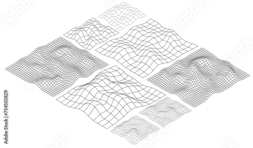 Wireframe 3D mesh in isometric form. Retro futuristic wavy perspective grid with lines.