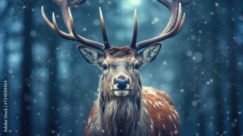 close up elk with snowfall background