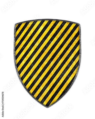 Old metal black and yellow striped shield isolated on white background
