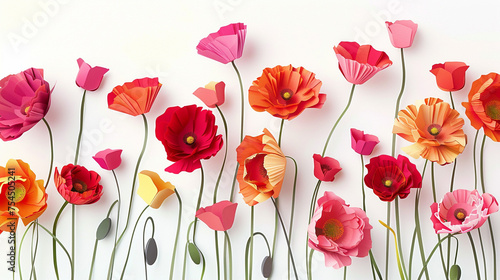 A bunch of pretty, colorful, wild poppies, layered paper-style white background 