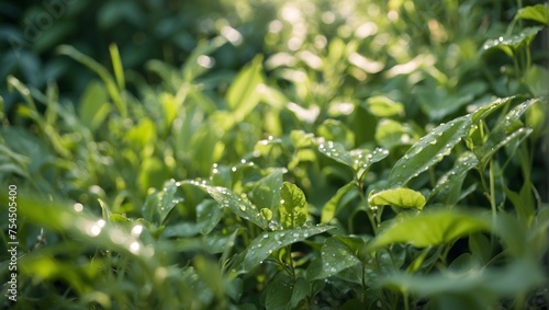 A photo of a verdant summer garden with a variety of green plants, the camera angle capturing the sunlight filtering through the leaves, highlighting dew drops on each blade of grass, generative ai