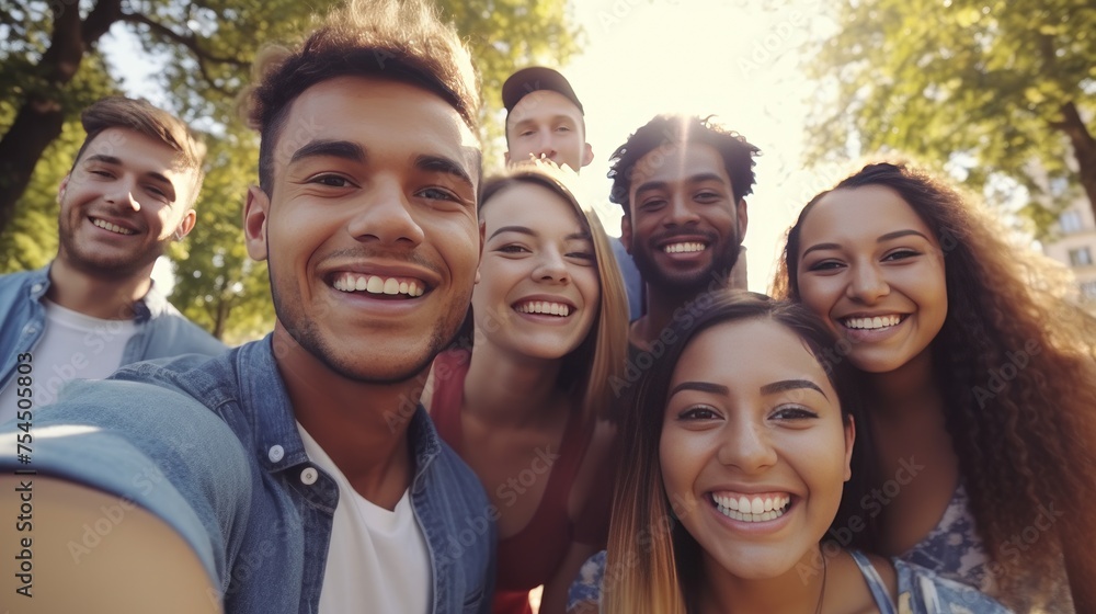 Fototapeta premium Young Multicultural Friends Smiling Together - Happy Group Taking Selfie Outdoors with Smartphone - Lifestyle Concept. Guys and Girls Enjoying Sunny Day Together.