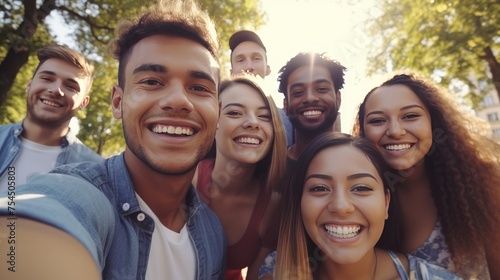 Young Multicultural Friends Smiling Together - Happy Group Taking Selfie Outdoors with Smartphone - Lifestyle Concept. Guys and Girls Enjoying Sunny Day Together.