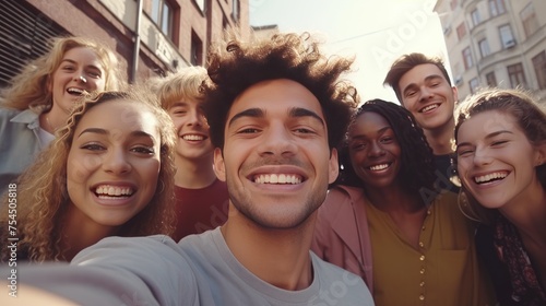 Young Multicultural Friends Smiling at Camera - Happy Group Taking Selfie Outdoors - Lifestyle Concept of Friends Enjoying Sunny Day Together