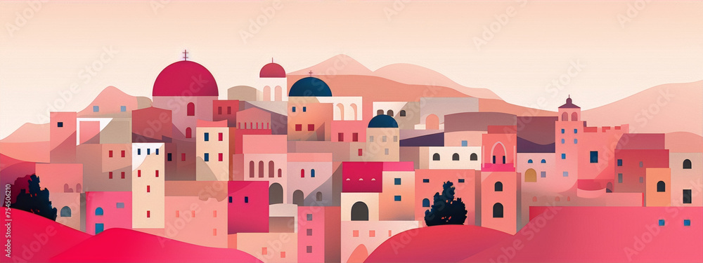 Cityscape with pink and blue buildings and trees in a desert landscape.