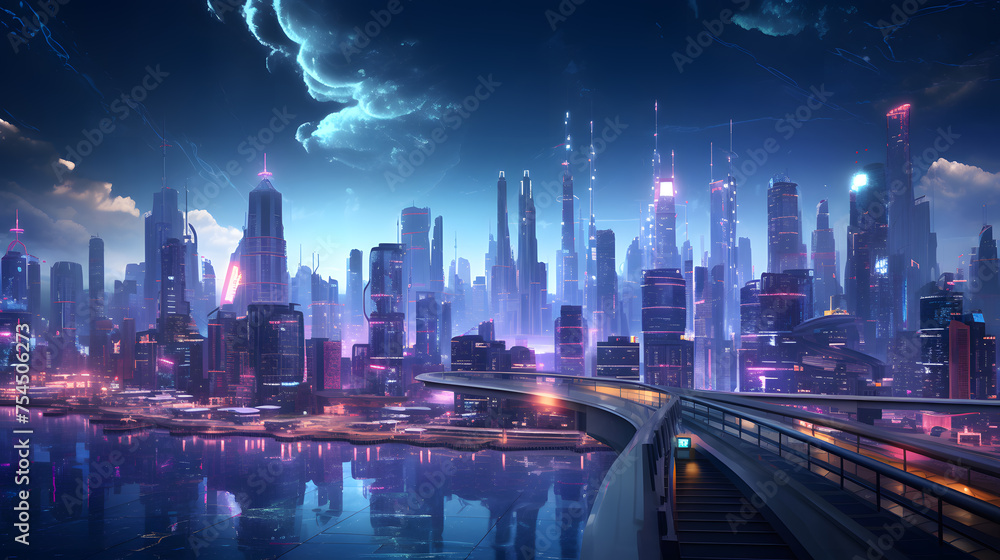 A futuristic cityscape featuring neon lights Generative AI