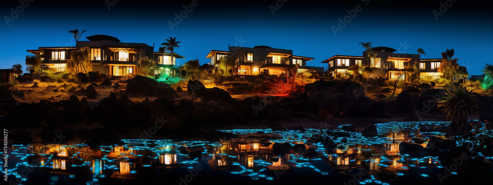 Blue and green glowing rocks and water with modern house at night