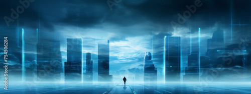 Cityscape of the future with skyscrapers and a lonely man walking towards them.