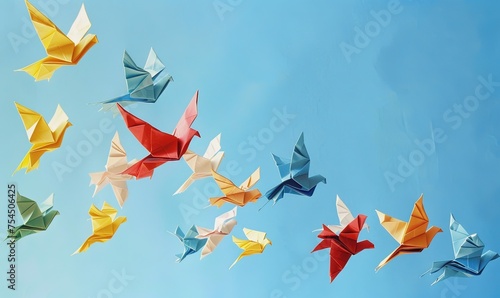 Witness the grace of colorful paper origami birds soaring against a clear blue sky in a captivating and artistic composition