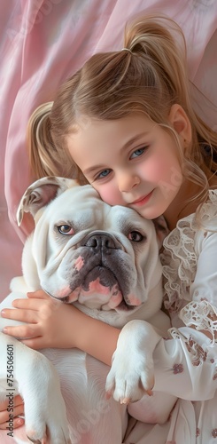 portrait of a little girl with a dog. Romantic photo portrait in soft pastel colors. The bed, folds on silken sheets.