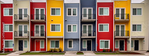 A row of colorful townhomes with balconies and black framed windows and doors.