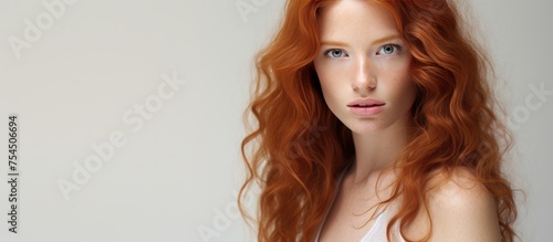 A red-haired woman is posing for a picture against a white background. She appears confident and striking, showcasing her vibrant hair color.