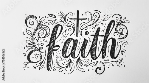 An artistic calligraphy of the word "Faith" embellished with decorative flourishes