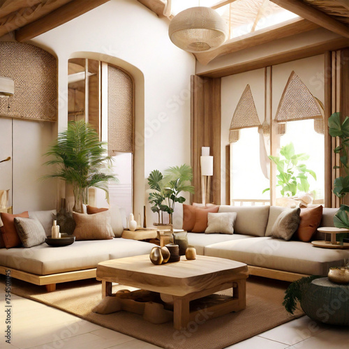 Default 3d interior of a Japandi style interior living room photo