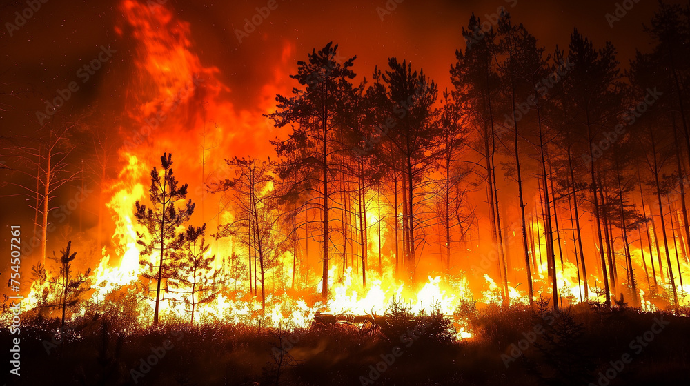 A Raging Wildfire Burning Down a Forest at Night.