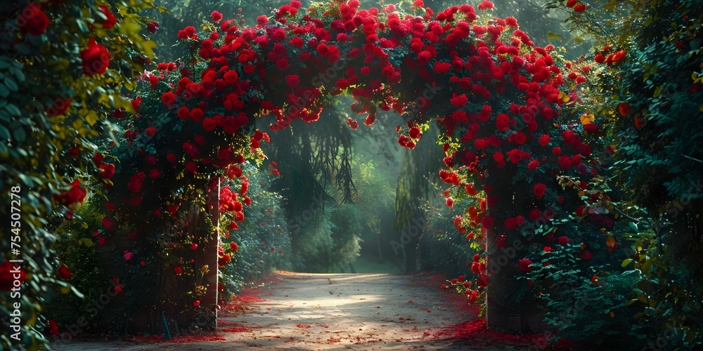 The Lush Beauty of a Rose Archway Guiding to a Hidden Garden. Concept Outdoor Photoshoot, Rose Archway, Hidden Garden, Lush Beauty, Nature Photography