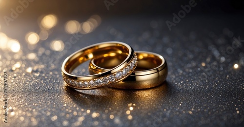  Radiant wedding rings on a shimmering background, symbolizing love and luxury. Plenty of copy space to personalize your message
