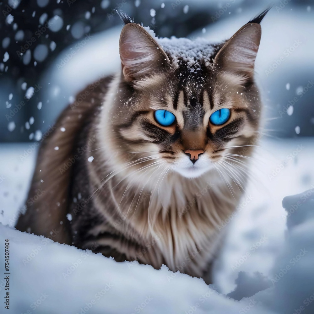 A Maine Coon cat with fluffy fur and expressive blue eyes.The ears are decorated with lush 