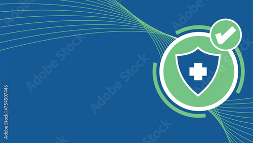 Medical insurance concept vector banner design with medical cross sign, shield, check mark on a blue background for advertisement, social media, web, flyer and more.