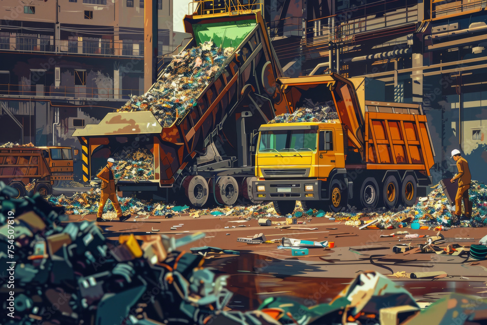 illustration of Truck Dumping Garbage in City illustration of Truck Dumping Garbage in City