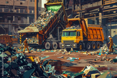 illustration of Truck Dumping Garbage in City