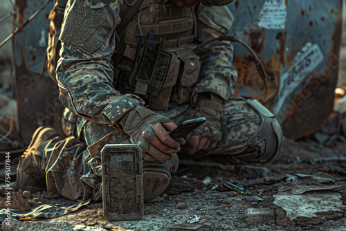 Soldier Sitting on Ground Holding Cell Phone