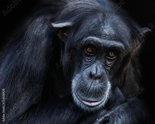 primer plano de un retrato de chimpance con ojos de color caramelo sobre fondo negro. Fotografía Fine art decorativa y artistica. photo