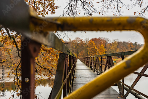Beautiful view to long steel and wood bridge over big and silent lake with autumn golden trees and bushes around at cloudy and rainy morning (ID: 754508447)