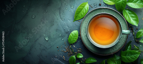 Top view of Cup with green tea with tea leaves on the dark background