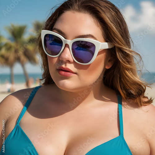 Beautiful plus size woman in bathing suit at the beach wearing sunglasses. © Natasa
