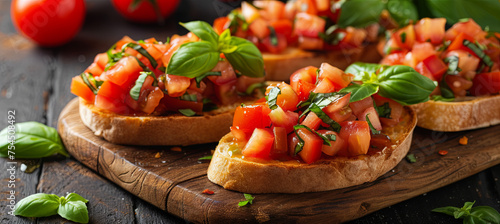 A traditional Italian snack, bruschetta with tomatoes and herbs, dark background