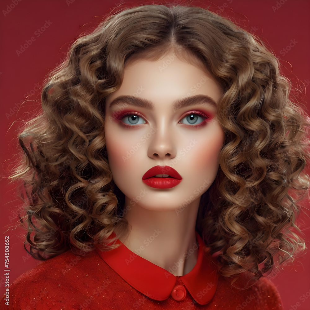 Portrait of a beautiful woman with brown curly hair and red lips.