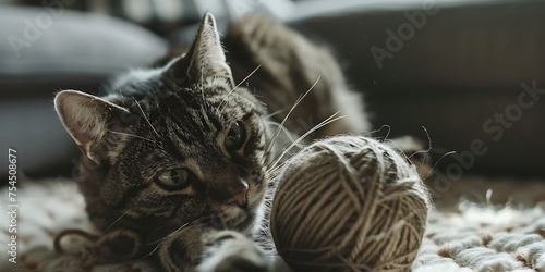 Gatinho listrado brincando com novelo de lã em ambiente acolhedor sob luz natural suave photo